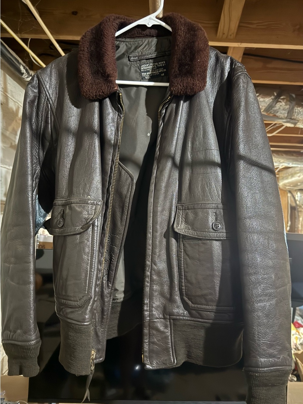 Vintage 60s/70s Brown Leather Bomber Jacket with Shearling Collar